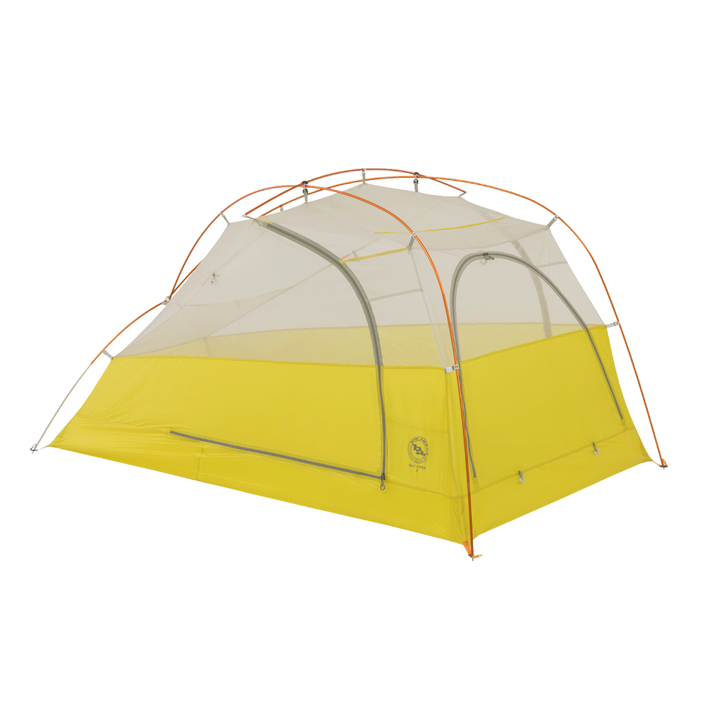 The Big Agnes Salt Creek 2 is a lightweight yellow and gray backpacking tent with mesh upper panels for panoramic views and orange poles, shown set up on a white background.