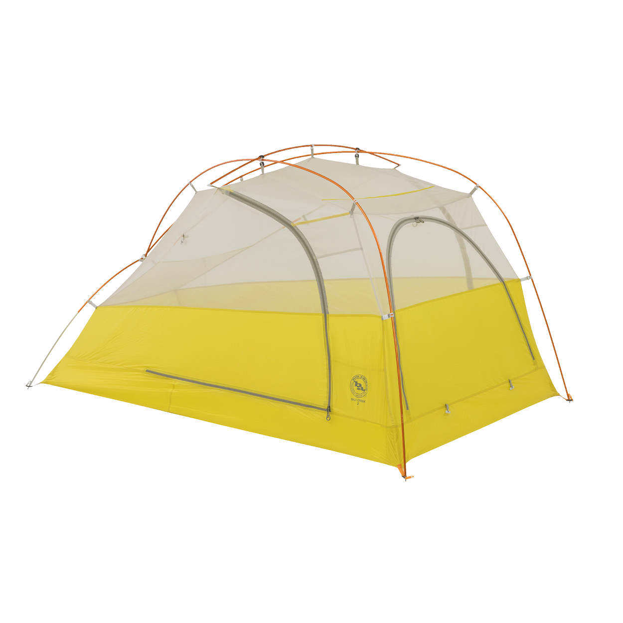 The Big Agnes Returns Salt Creek 2 is a lightweight yellow and gray backpacking tent with mesh upper panels for panoramic views and orange poles, shown set up on a white background.