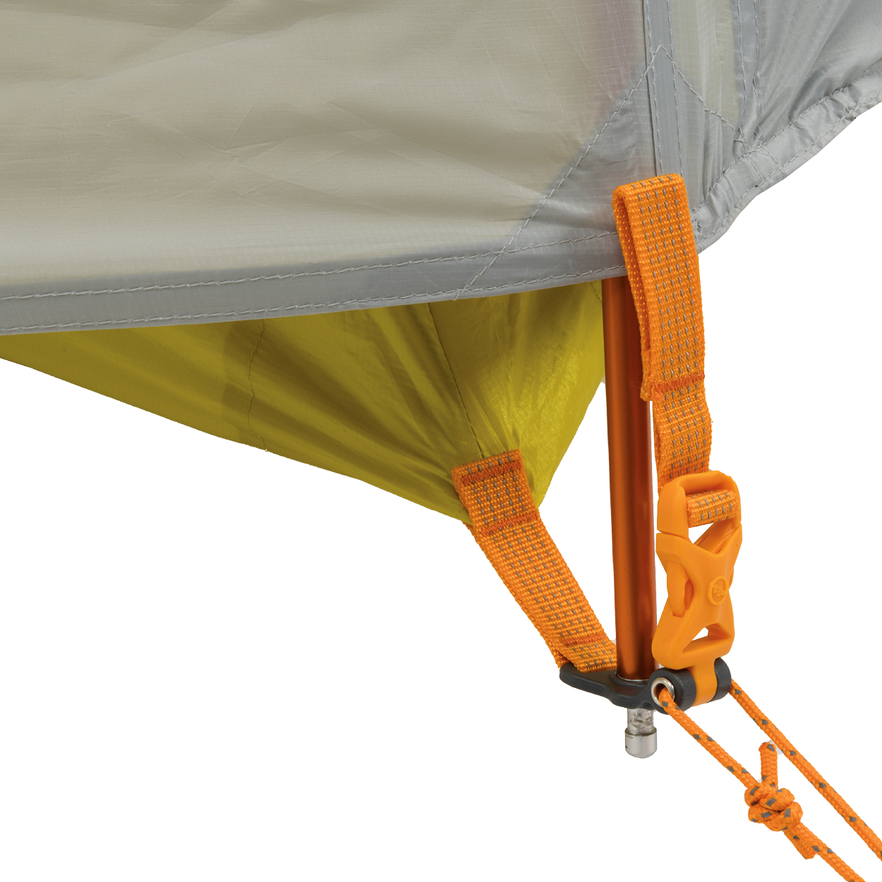 Close-up of the Big Agnes Salt Creek 2 tent corner reveals orange straps, yellow fabric, and an orange pole secured by a metal pin, clip, and guyline—perfect for campers seeking durable gear with panoramic views.