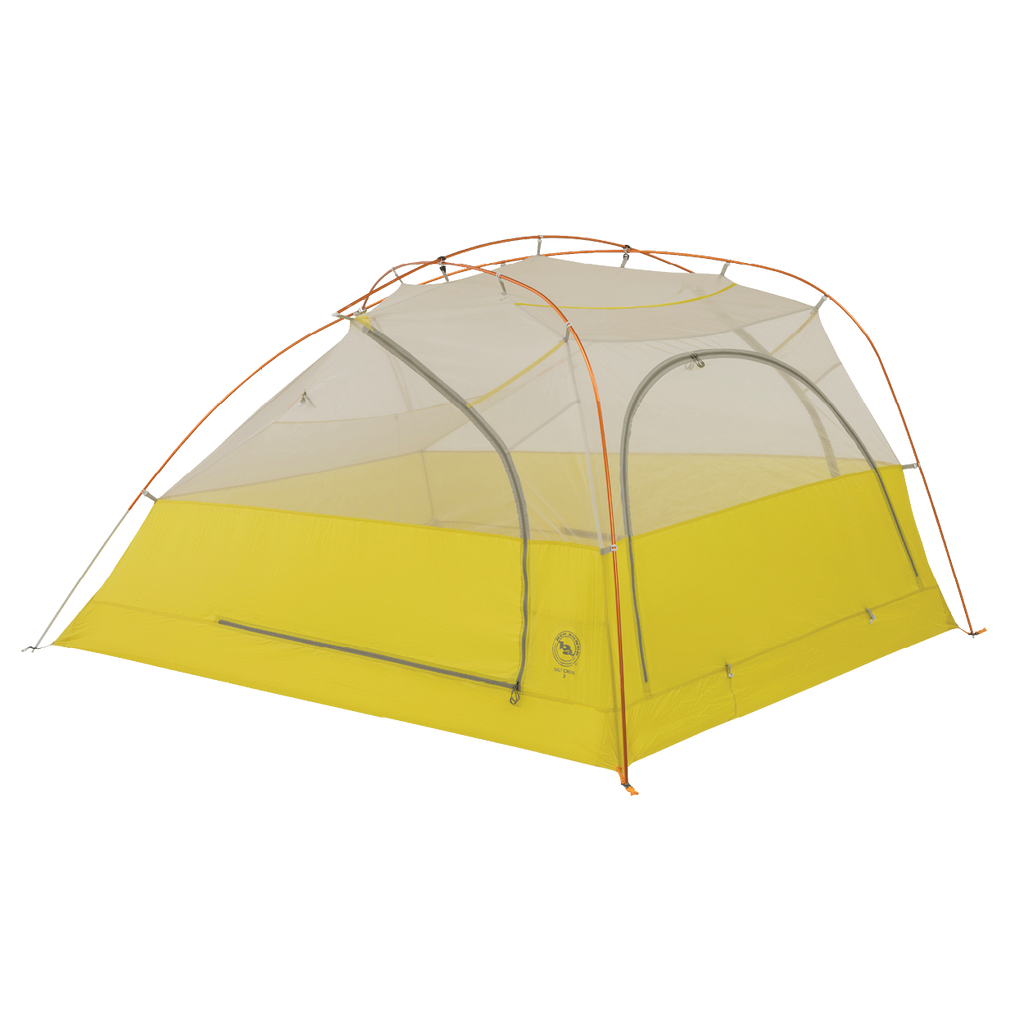 The Big Agnes Salt Creek 3 is a lightweight yellow and gray backpacking tent with orange poles, a mesh upper for panoramic views, two doors, and a rectangular base, shown set up against a white background.