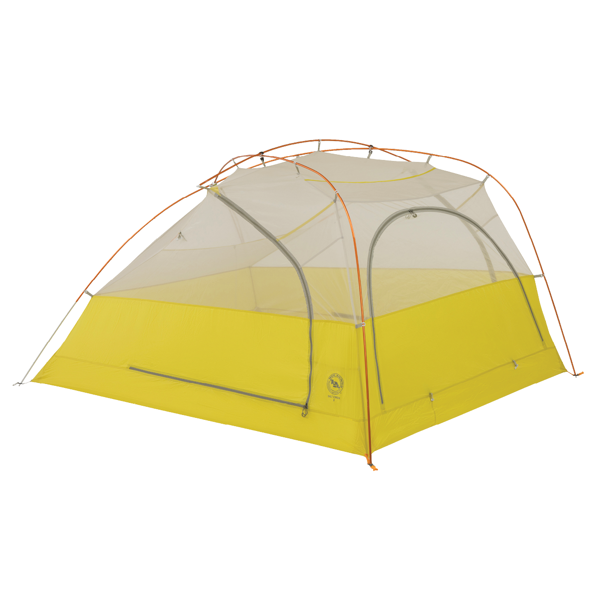 The Big Agnes Salt Creek 3 is a lightweight yellow and gray backpacking tent with orange poles, a mesh upper for panoramic views, two doors, and a rectangular base, shown set up against a white background.