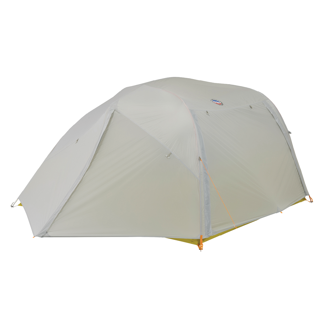 The Big Agnes Salt Creek 3 is a light grey, dome-shaped car camping tent with a rainfly, orange adjustment cords, and corner stakes, designed for comfort and panoramic outdoor views. Shown pitched on a white background.