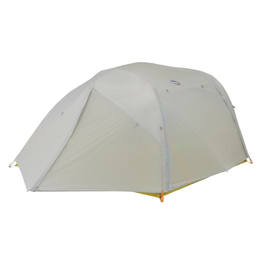 The Big Agnes Returns Salt Creek 3 is a light grey, dome-shaped car camping tent with a rainfly, orange adjustment cords, and corner stakes, designed for comfort and panoramic outdoor views. Shown pitched on a white background.