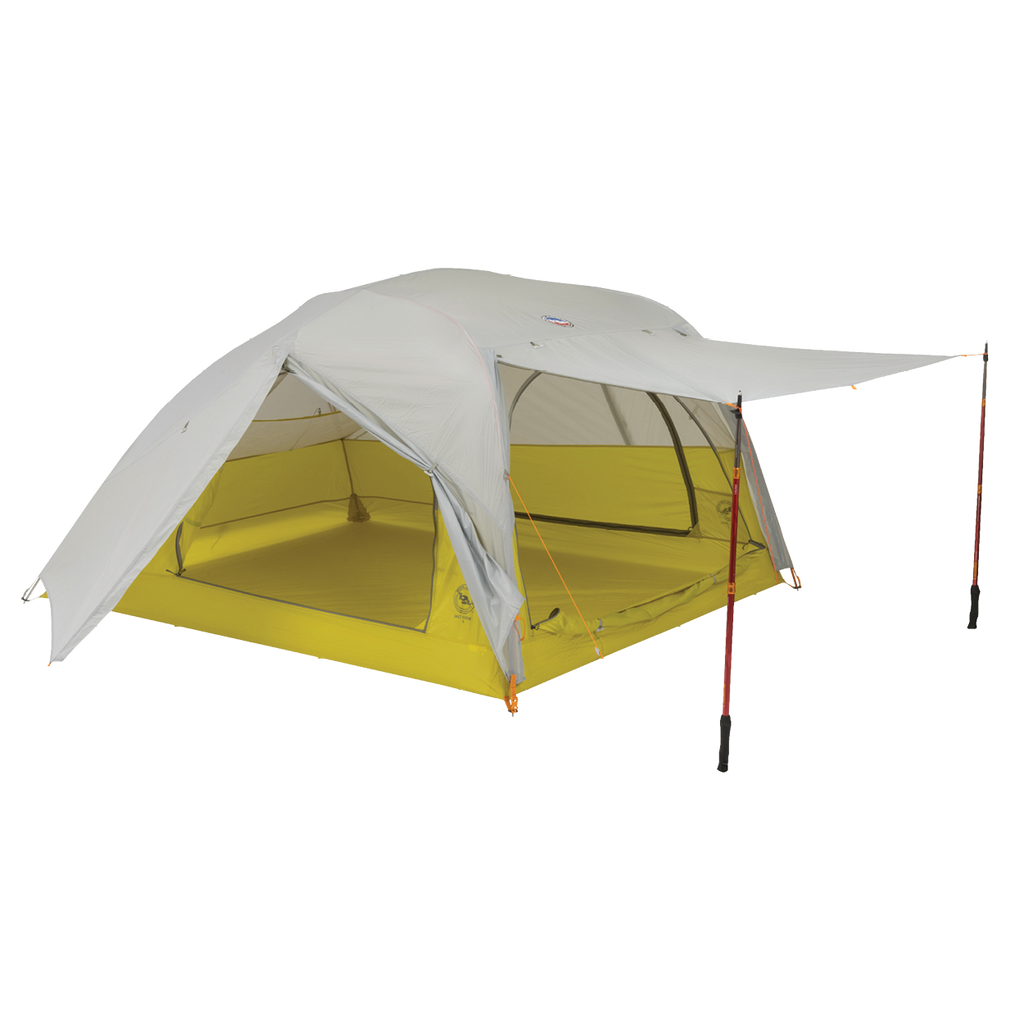 The Big Agnes Salt Creek 3, shown in yellow and gray on a white background, is a backpacking tent with a spacious interior, large rainfly with extended awning supported by two trekking poles, and mesh windows for panoramic views.