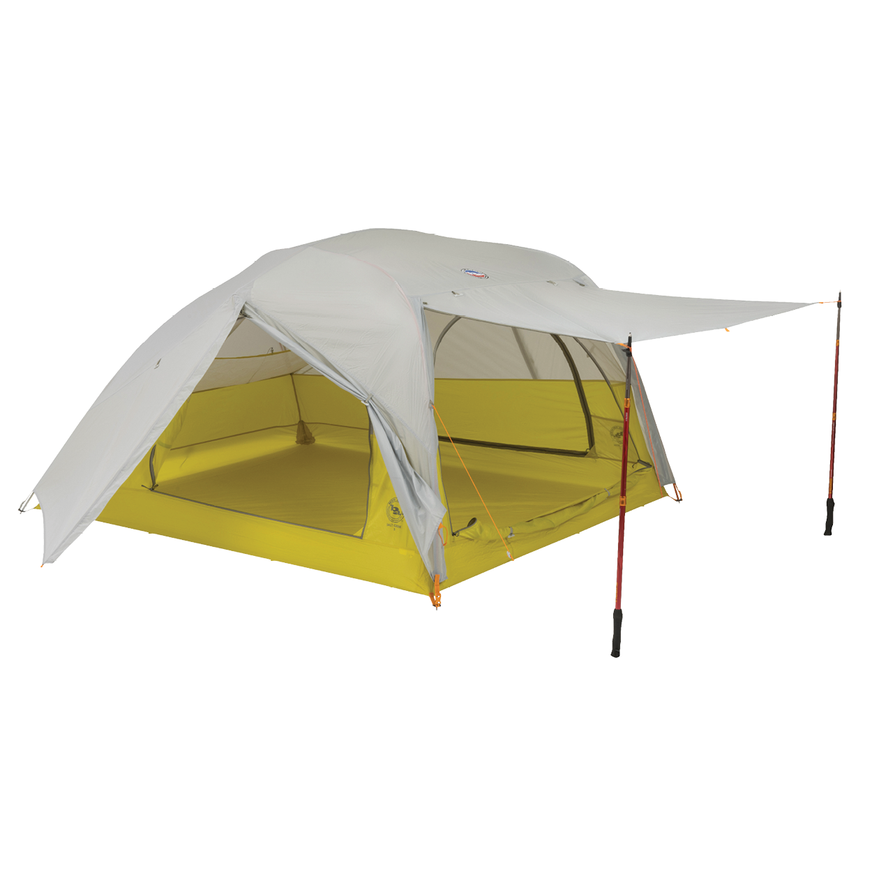 The Big Agnes Salt Creek 3, shown in yellow and gray on a white background, is a backpacking tent with a spacious interior, large rainfly with extended awning supported by two trekking poles, and mesh windows for panoramic views.