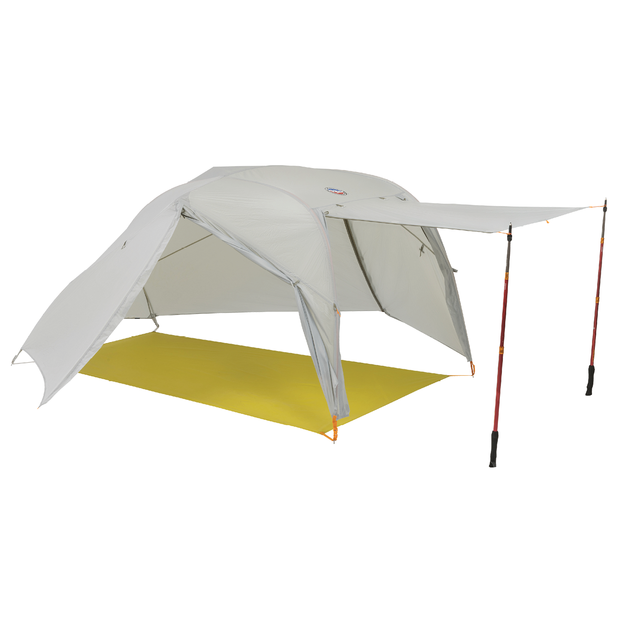 The Big Agnes Returns Salt Creek 3 is a light gray backpacking tent with an extended canopy supported by trekking poles and a bright yellow groundsheet, shown on a white background—ideal for panoramic views on your next adventure.