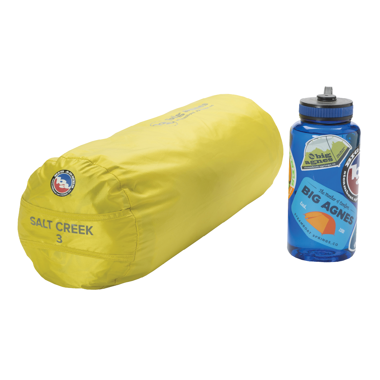 A yellow Big Agnes Salt Creek 3 tent storage bag sits beside a blue water bottle with outdoor-themed stickers on a white background.