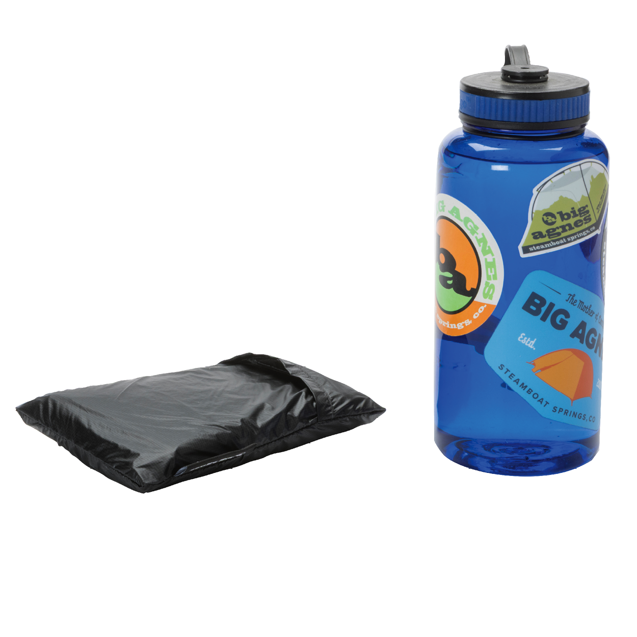A blue water bottle with colorful stickers stands upright beside a folded black Sarvis VST 3 Footprint by Big Agnes, both set against a plain white background.