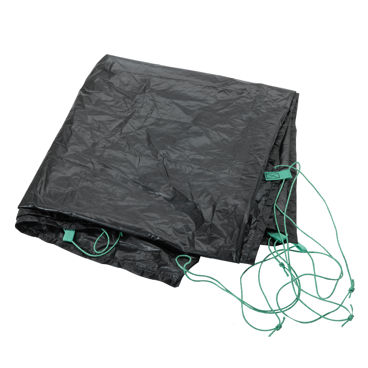 The Big Agnes Returns Sarvis VST 3 Footprint, a black tent floor with attached green cords, is displayed against a plain white background.