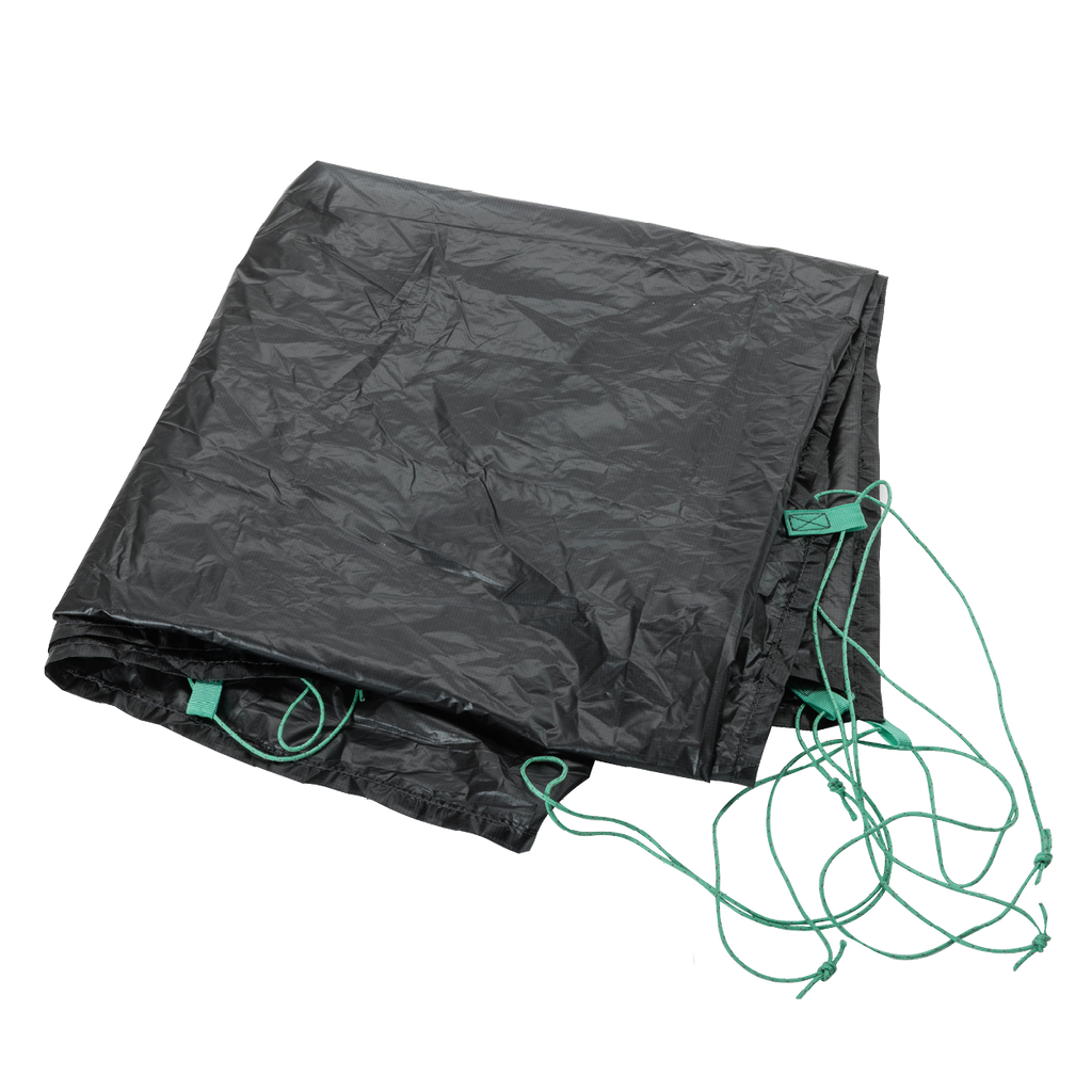 The Big Agnes Sarvis VST 3 Footprint, a black tent floor with attached green cords, is displayed against a plain white background.