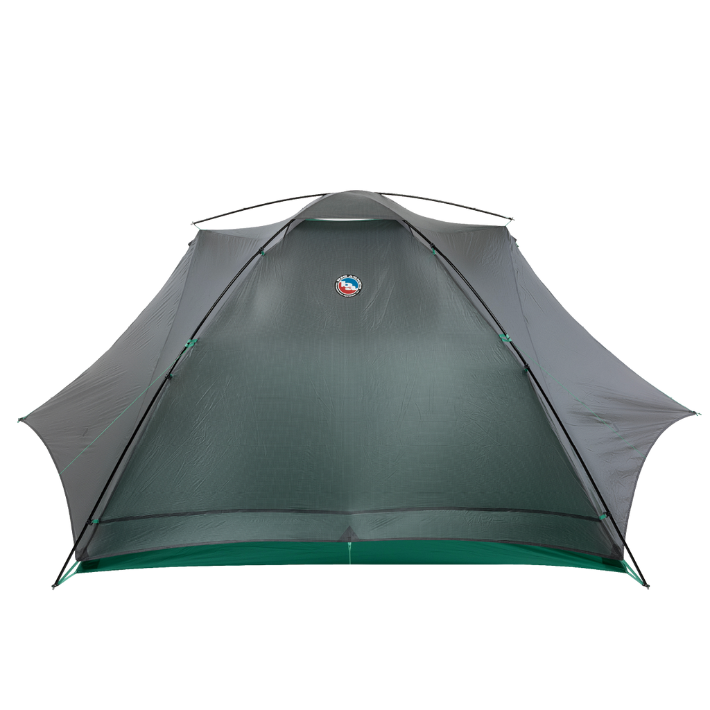 The Big Agnes Sarvis VST 2, an ultralight gray and green tent with a mesh body and logo near the top center, is fully set up and shown from the front against a white background.