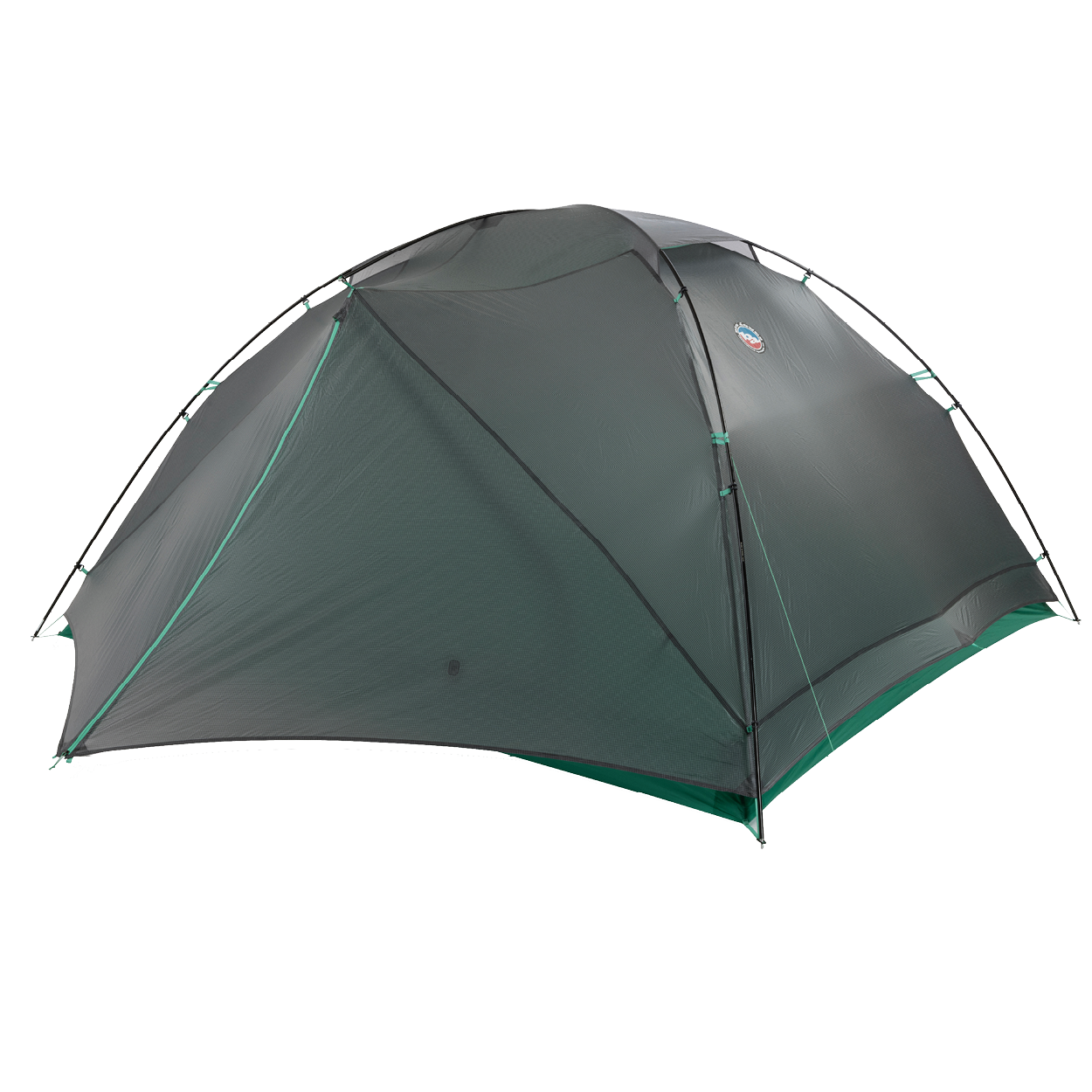 A dark green, dome-shaped Big Agnes Sarvis VST 2 tent is pitched on a plain white background, showcasing its rainfly and supporting poles for a reliable ultralight shelter.