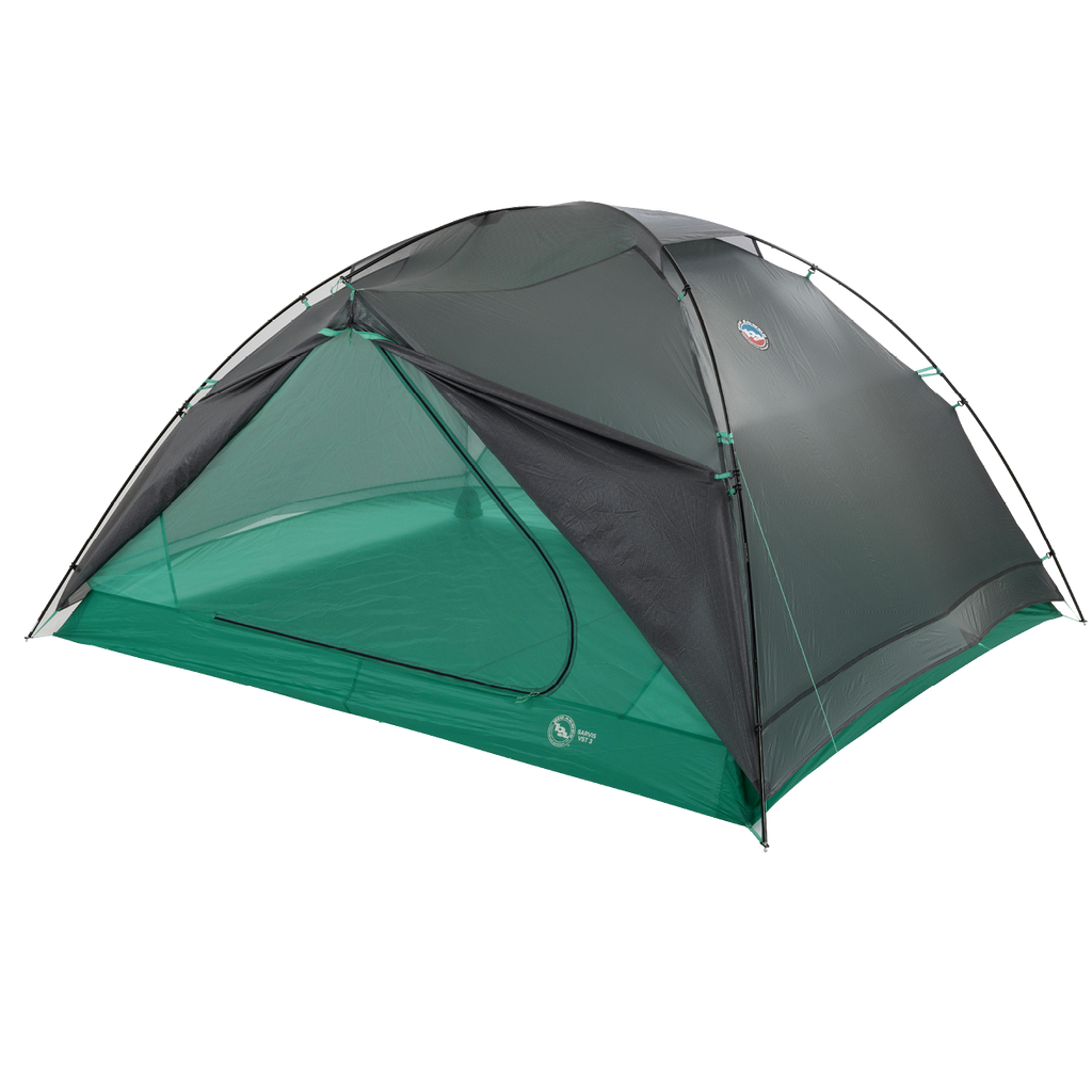 The Big Agnes Sarvis VST 2 is a green and dark gray dome-shaped tent with mesh panels, flexible poles, a zippered door, and ultralight Hyperbead fabric, shown pitched on a white background.