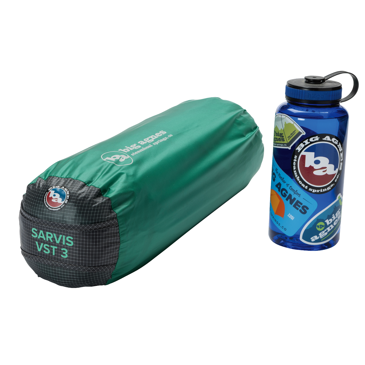 A green, cylindrical Big Agnes Returns Sarvis VST 2 tent bag made with Hyperbead fabric for an ultralight shelter sits next to a blue Big Agnes Returns water bottle with stickers, both displayed on a white background.