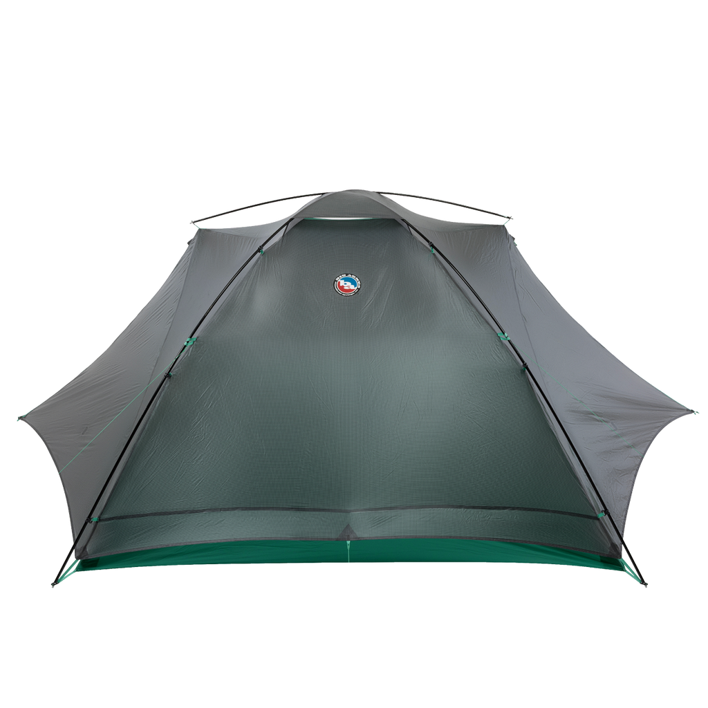 Front view of the Big Agnes Sarvis VST 3 tent in gray and green with mesh panels and logo near the top; this ultralight shelter uses Hyperbead fabric, shown against a plain white background.