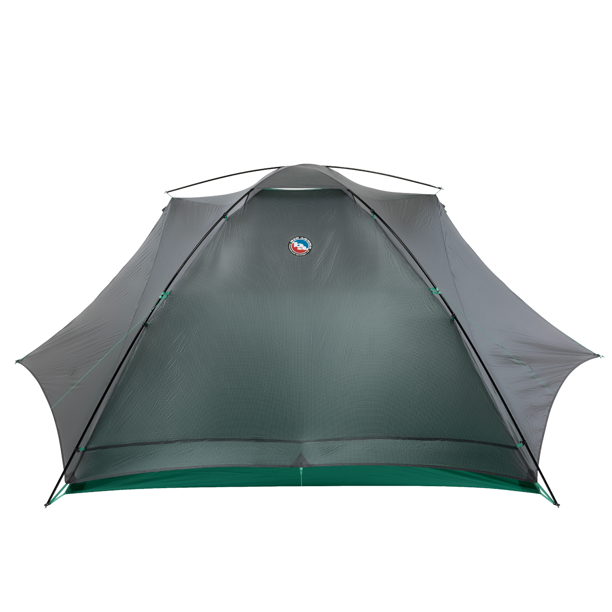Front view of the Big Agnes Returns Sarvis VST 3 tent in gray and green with mesh panels and logo near the top; this ultralight shelter uses Hyperbead fabric, shown against a plain white background.