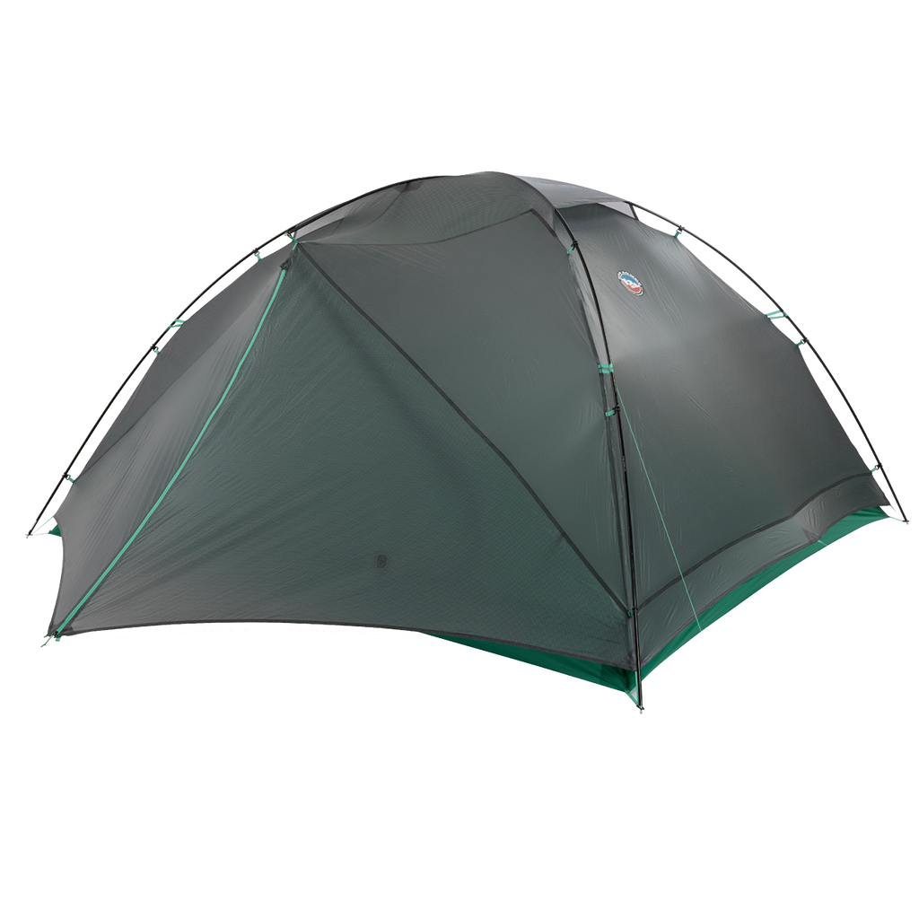 The Big Agnes Sarvis VST 3 is a dark green, dome-shaped tent with a simple, lightweight design and flexible poles made from Hyperbead fabric, shown set up on a plain white background.