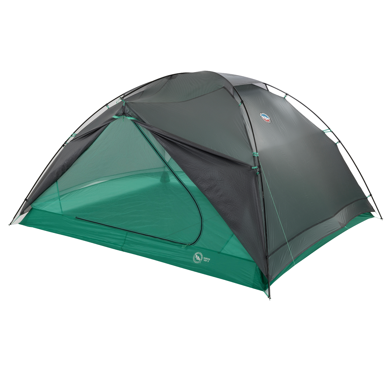 The Big Agnes Returns Sarvis VST 3 is a green and black dome-shaped tent featuring a mesh upper, zippered door, lightweight frame poles, and durable Hyperbead fabric, shown set up against a white background.