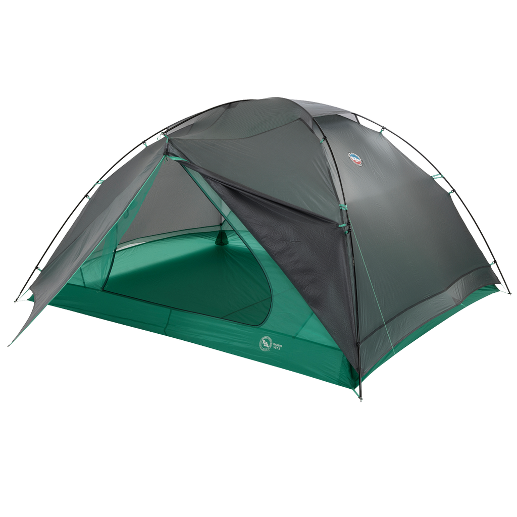 The Big Agnes Sarvis VST 3 is a green and gray dome-shaped tent with mesh panels, two top-crossing poles, and an open door revealing the interior. This ultralight shelter is pitched on a white background.