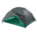 The Big Agnes Sarvis VST 3 is a green and gray dome-shaped tent with mesh panels, two top-crossing poles, and an open door revealing the interior. This ultralight shelter is pitched on a white background.