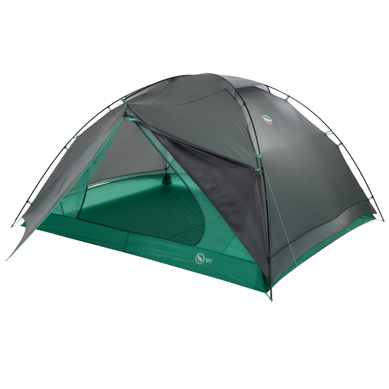 The Big Agnes Sarvis VST 3 is a green and gray dome-shaped tent with mesh panels, two top-crossing poles, and an open door revealing the interior. This ultralight shelter is pitched on a white background.