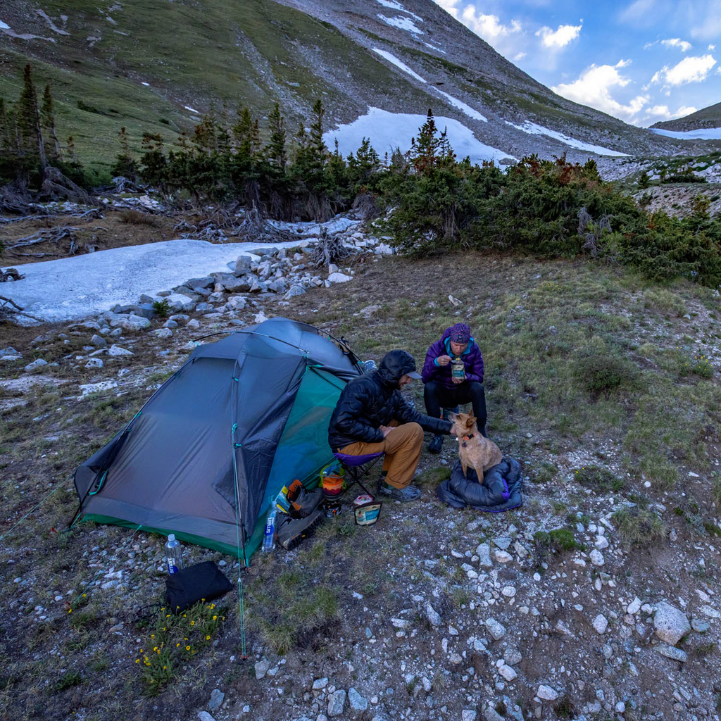 Two people sit beside the green Big Agnes Sarvis VST 2 shelter in snowy mountains, warmly dressed as they pet a small dog on a blanket, surrounded by camping gear and rugged terrain.