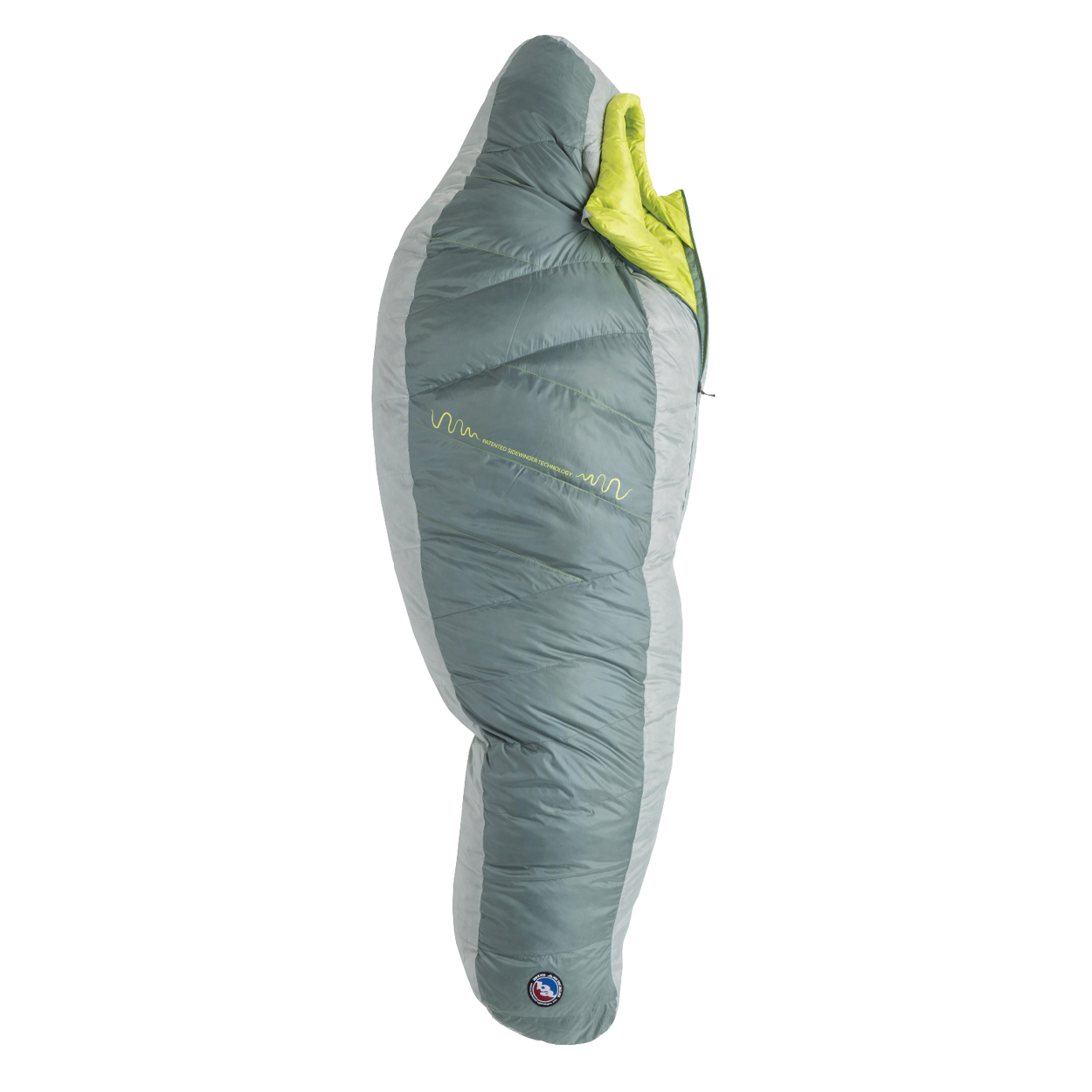 The Big Agnes Returns Sidewinder 0˚ is a green and gray mummy-style sleeping bag with a bright green interior, body mapped insulation for targeted warmth, shown zipped up and lying flat on a white background.