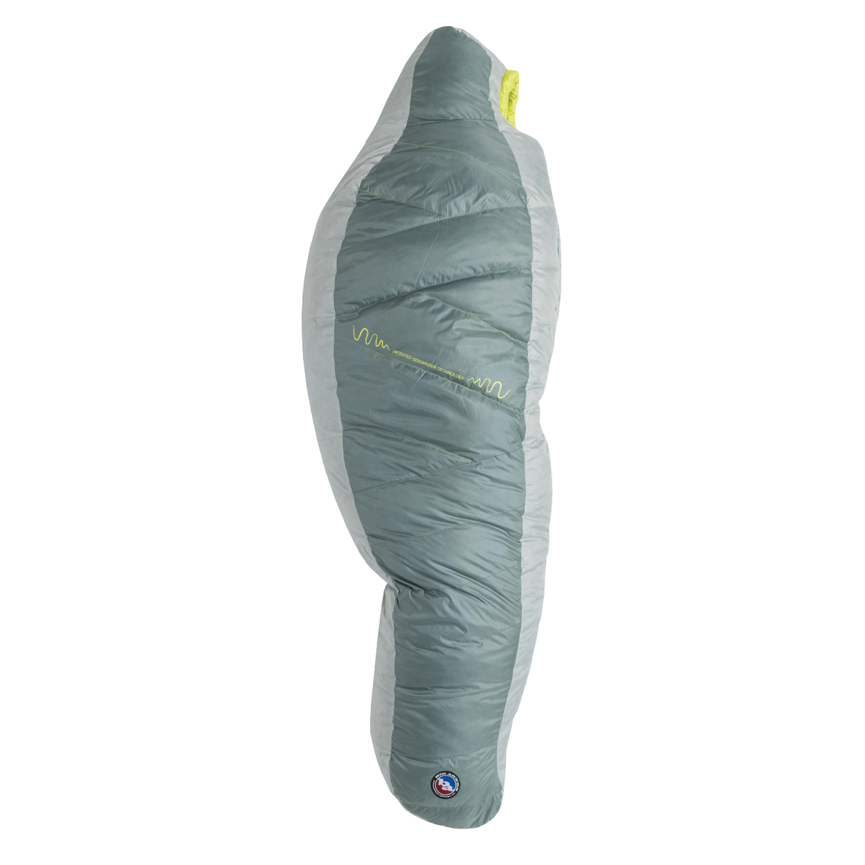 The Big Agnes Sidewinder 0˚, a grey and light green mummy-style sleeping bag, stands upright on a white background, showcasing its tapered shape, quilted design, body mapped insulation, and a small logo near the bottom.