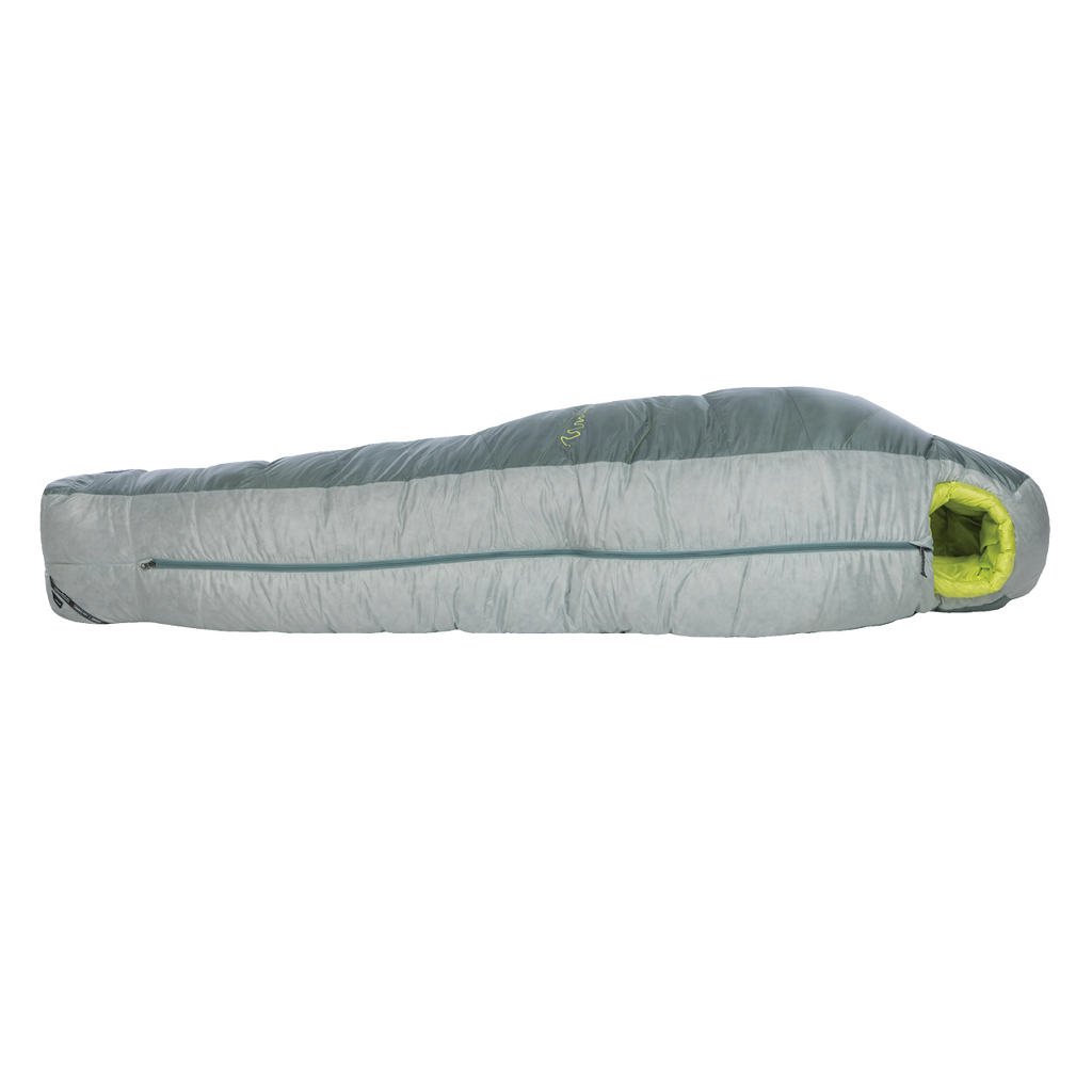 The Big Agnes Returns Sidewinder 0˚ is a gray and green mummy-style sleeping bag for side sleepers with body mapped insulation and a side zipper, shown zipped up and lying flat on a white background.