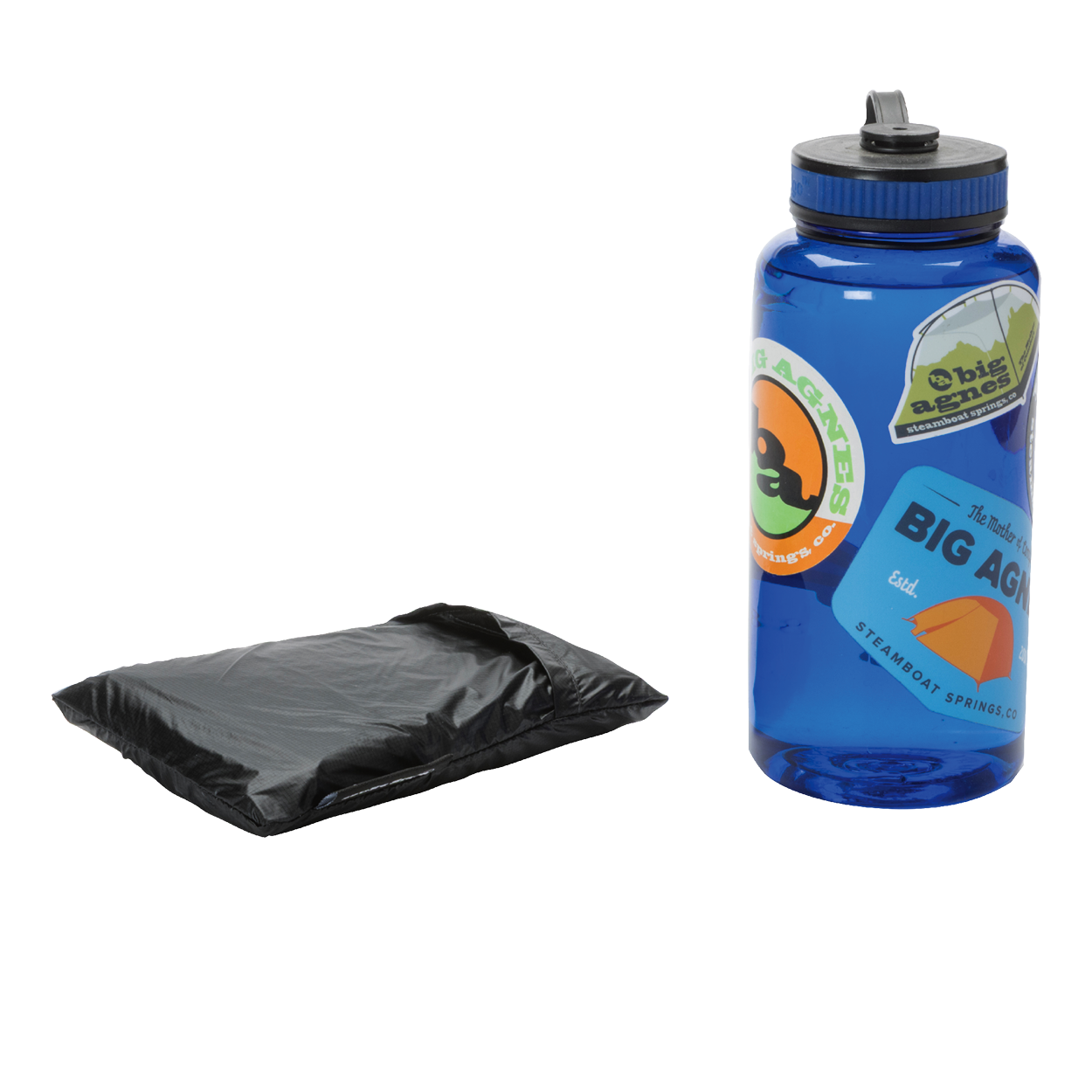 The Big Agnes String Ridge VST 1.5 Footprint, a black folded ground cloth, is placed beside a blue reusable water bottle with stickers on a white background.