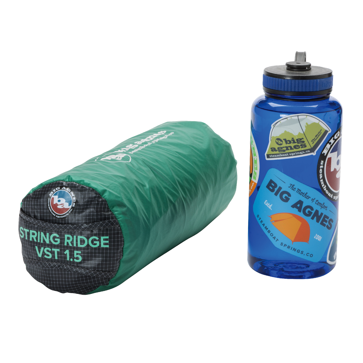 A green, rolled-up Big Agnes Returns String Ridge VST 1.5 ultralight shelter sits next to a blue Nalgene water bottle decorated with outdoor-themed stickers.