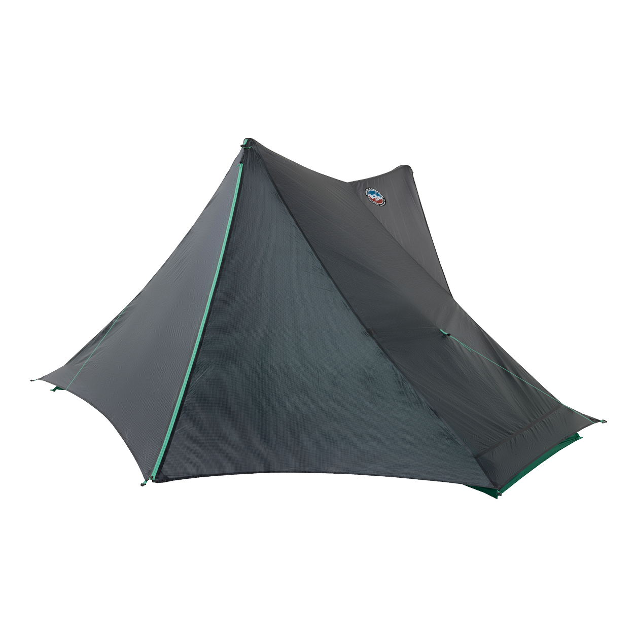 The Big Agnes String Ridge VST 1.5 is a dark gray, single-pole, pyramid-shaped ultralight tent with green-trimmed seams that stands out against a plain white background.