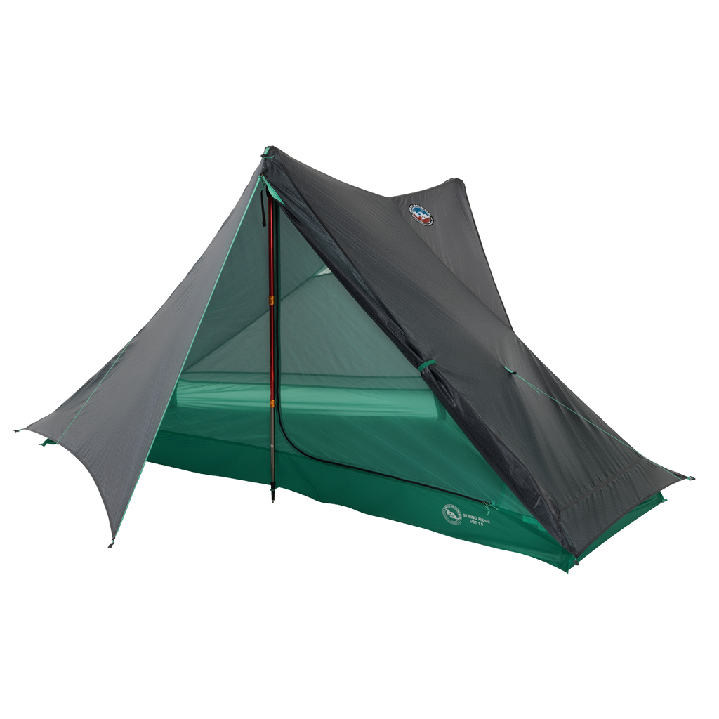 The Big Agnes String Ridge VST 1.5 is a green and gray ultralight A-frame tent for two, with mesh sides, a rainfly, and two poles—partially open to reveal the interior—ideal for outdoor camping adventures.