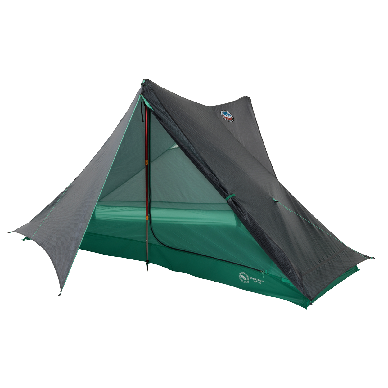 The Big Agnes Returns String Ridge VST 1.5 is a green and gray ultralight A-frame tent for two, with mesh sides, a rainfly, and two poles—partially open to reveal the interior—ideal for outdoor camping adventures.