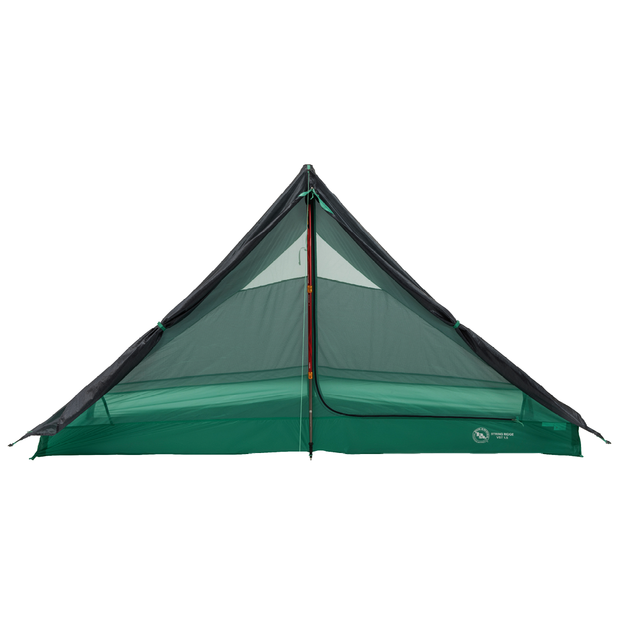 The Big Agnes String Ridge VST 1.5 is a green and black ultralight tent with a mesh upper, shown on a white background. It features a central trekking pole, symmetrical design, and a partially unzipped door revealing the interior.