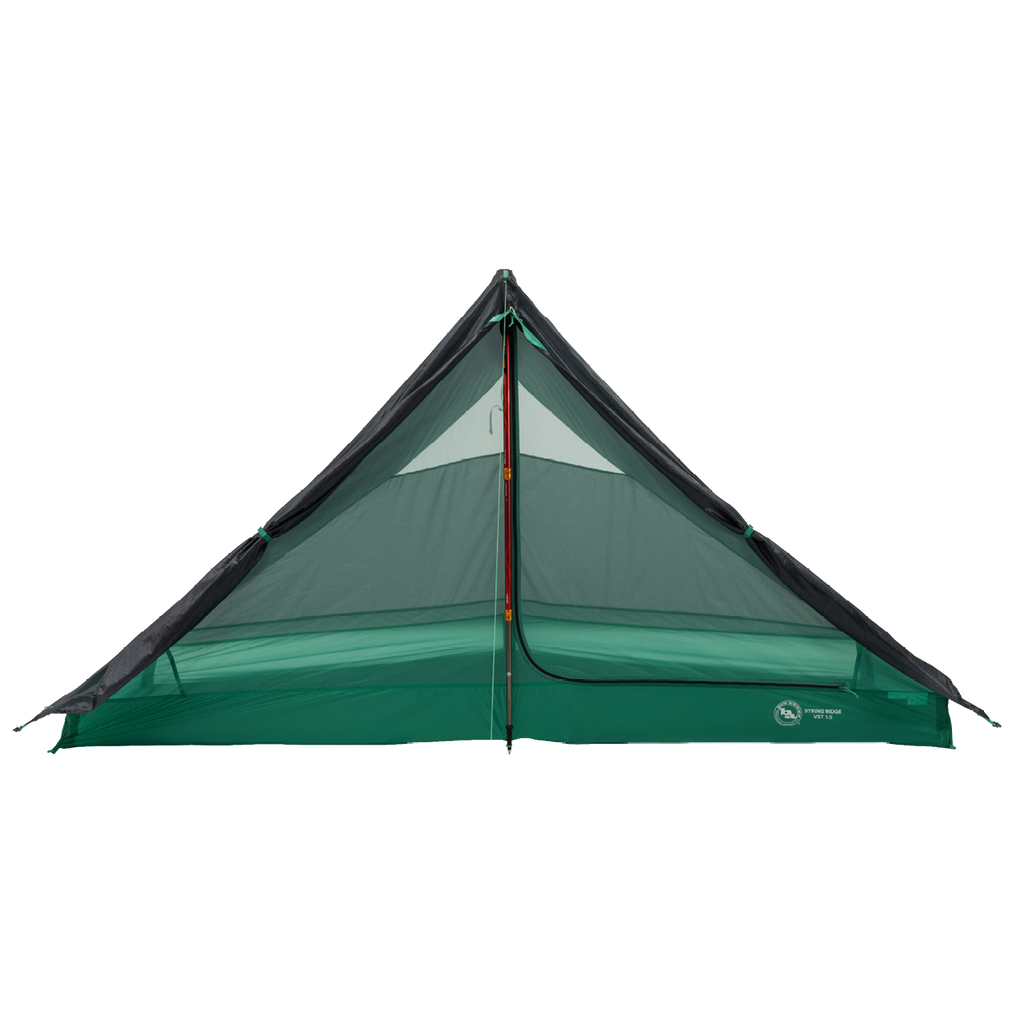 The Big Agnes Returns String Ridge VST 1.5 is a green and black ultralight tent with a mesh upper, shown on a white background. It features a central trekking pole, symmetrical design, and a partially unzipped door revealing the interior.