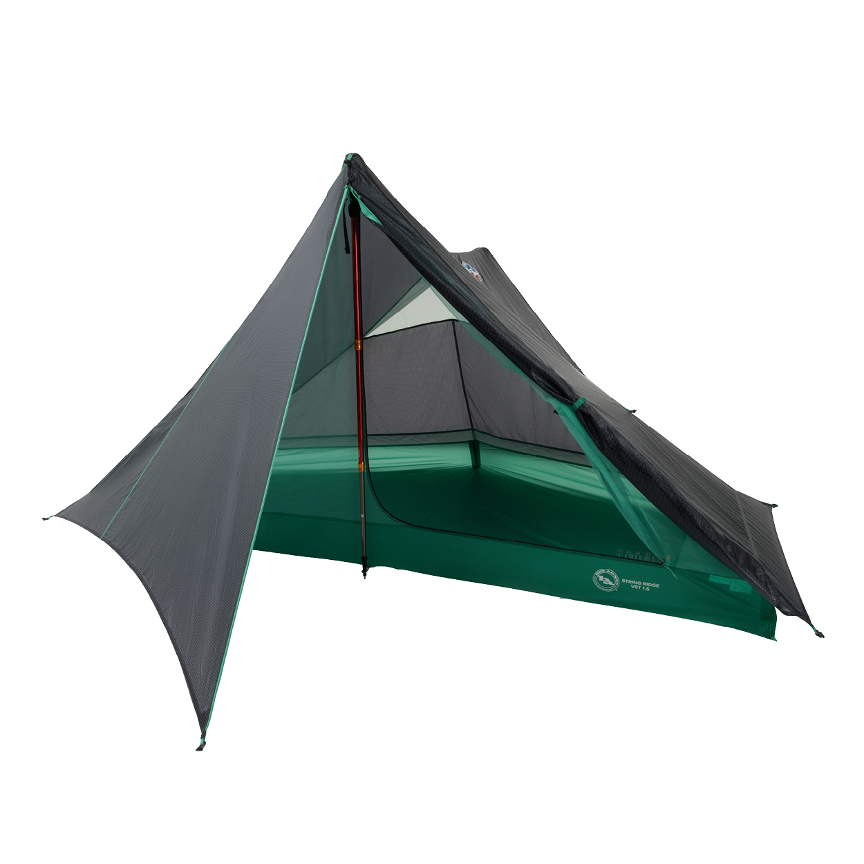 The Big Agnes Returns String Ridge VST 1.5, a green and black ultralight backpacking tent, features a mesh upper, rainfly, and open-front triangular design supported by trekking poles. It's displayed on a white background.