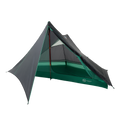 The Big Agnes String Ridge VST 1.5, a green and black ultralight backpacking tent, features a mesh upper, rainfly, and open-front triangular design supported by trekking poles. It's displayed on a white background.