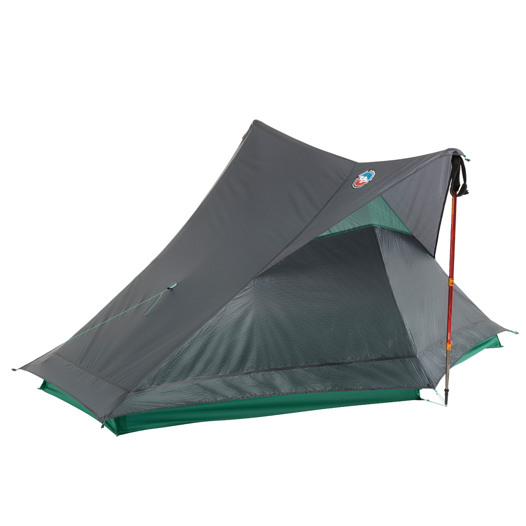 The Big Agnes String Ridge VST 1.5, a lightweight gray and green backpacking tent with an open entrance and trekking pole support, is shown on a white background—an ultralight, ideal shelter for your next outdoor adventure.