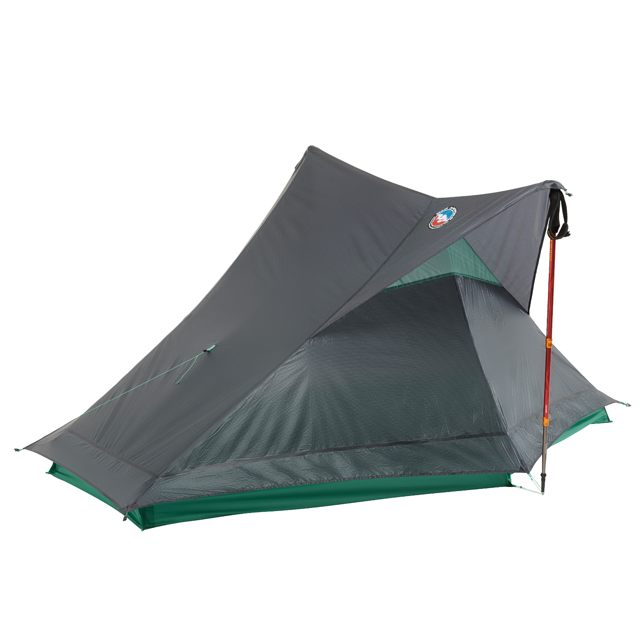 The Big Agnes String Ridge VST 1.5, a lightweight gray and green backpacking tent with an open entrance and trekking pole support, is shown on a white background—an ultralight, ideal shelter for your next outdoor adventure.