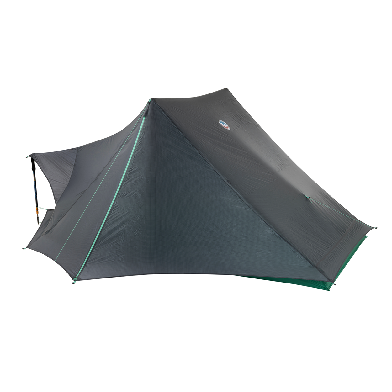 The Big Agnes Returns String Ridge VST 1.5 is a dark gray, modern tent with angular sides and green trim, shown on a white background. This ultralight shelter boasts a tall central peak, spacious interior, and sturdy design.