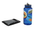 The Big Agnes Returns String Ridge VST 1.5 Footprint, a black folded ground cloth, is placed beside a blue reusable water bottle with stickers on a white background.