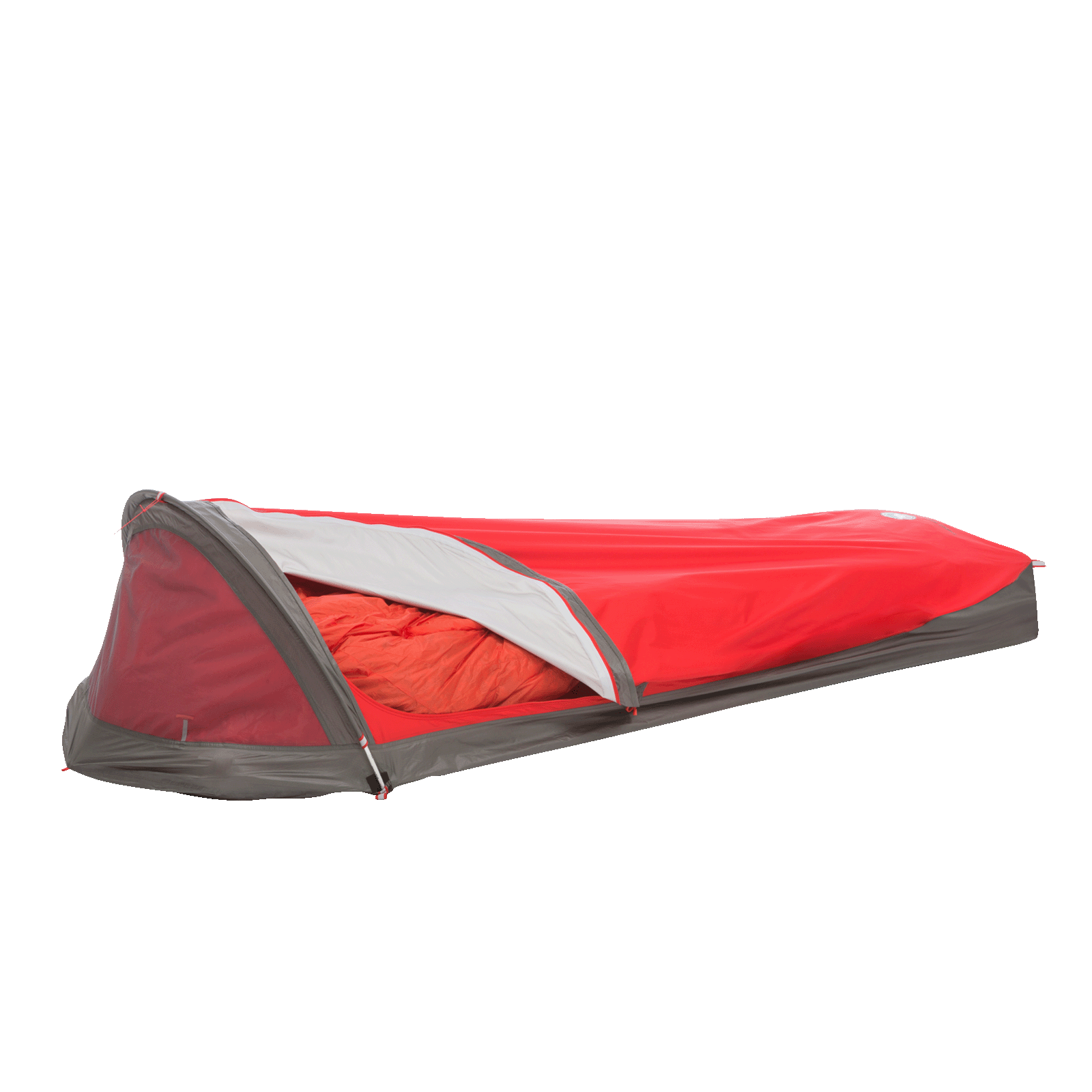 A red and gray Big Agnes Returns Three Wire Hooped Bivy sits with its side partly open, displaying an orange sleeping bag inside. The low-profile, one-person bivy offers four-season protection and is shown against a plain white background.