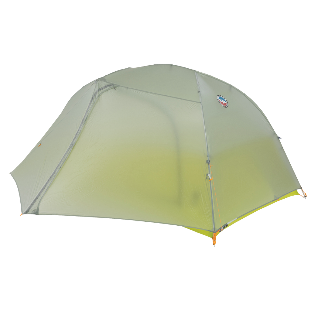 Green camping tent with a brand logo on a white background