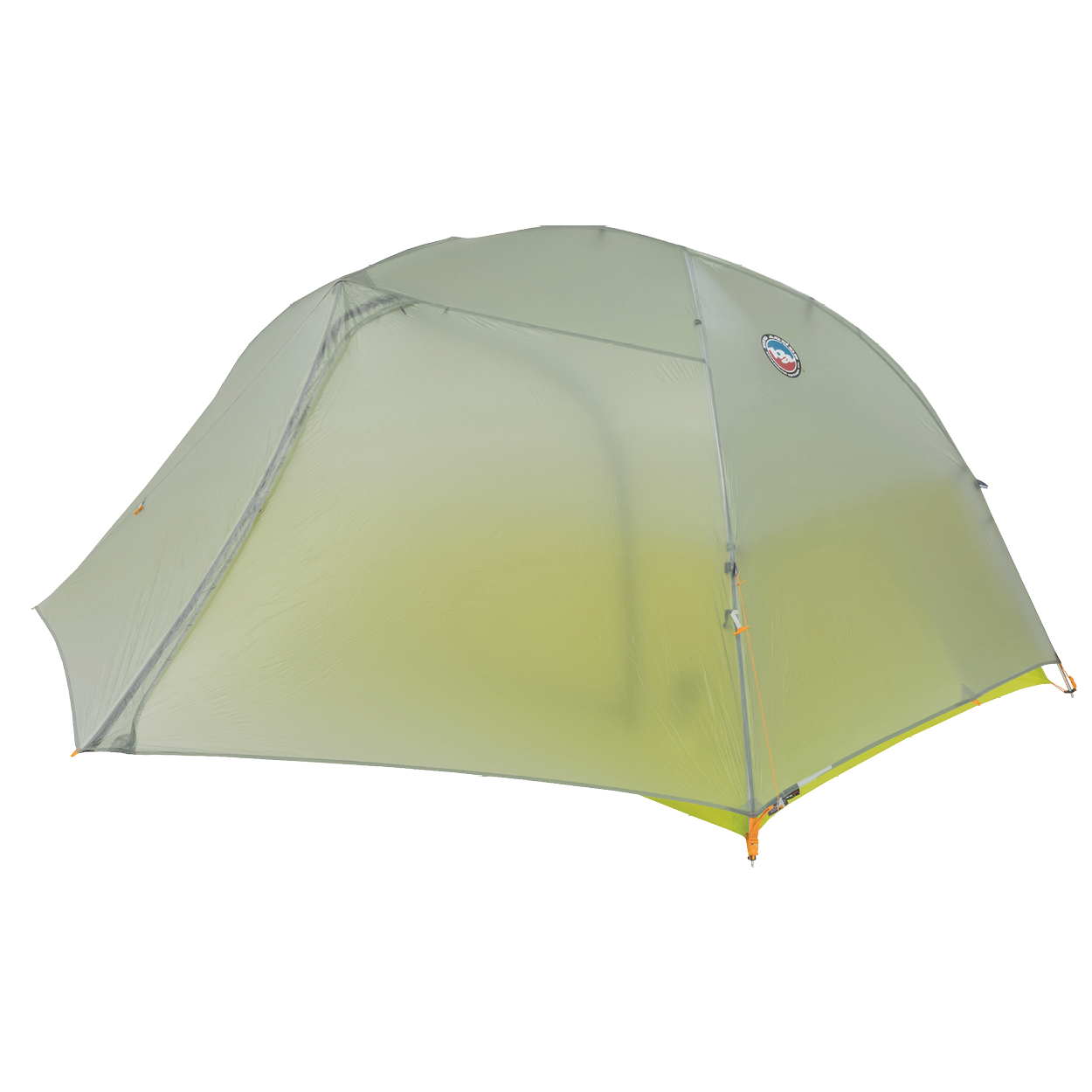 Green camping tent with a brand logo on a white background