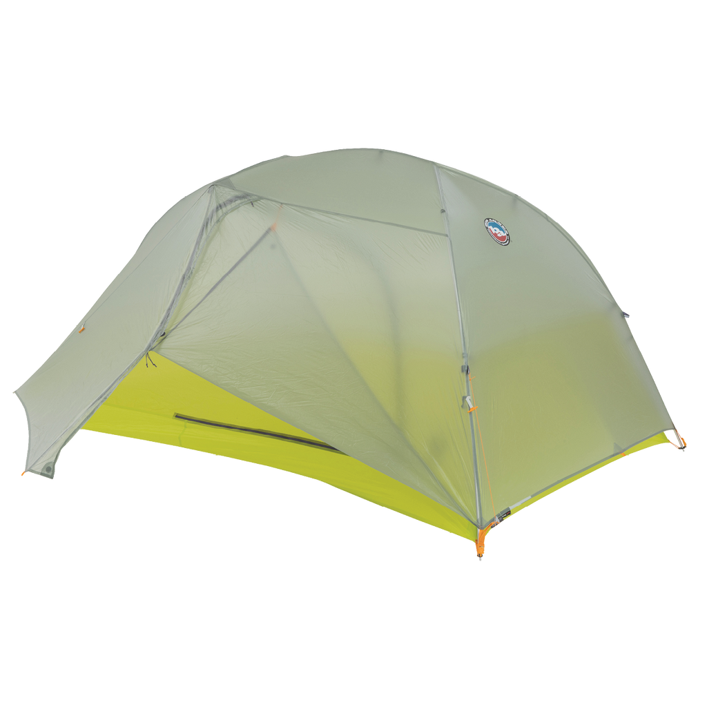 Green camping tent with a brand logo on a white background