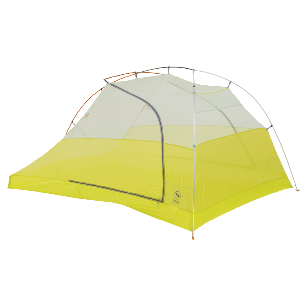 Green camping tent with a brand logo on a white background