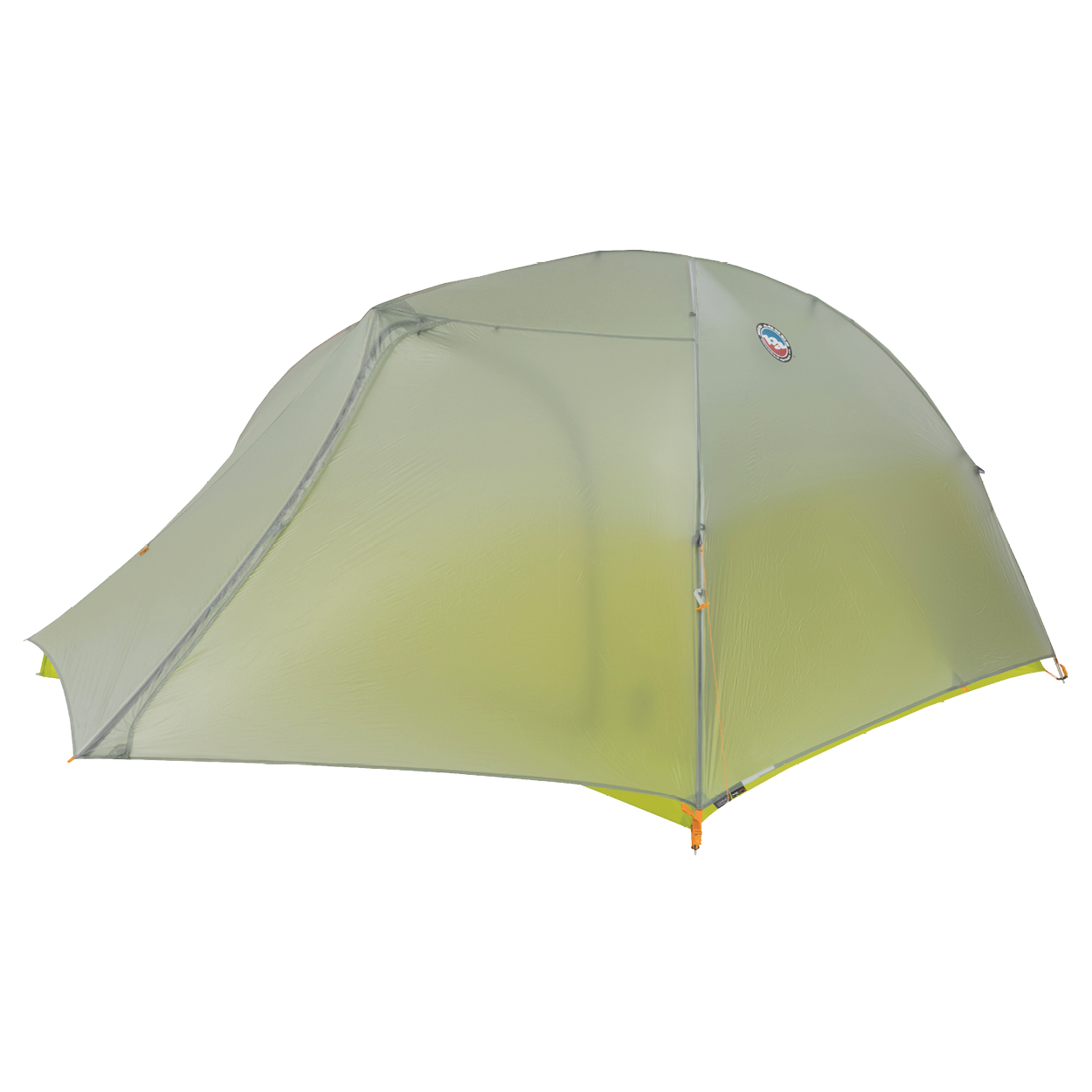 Green camping tent with a brand logo on a white background