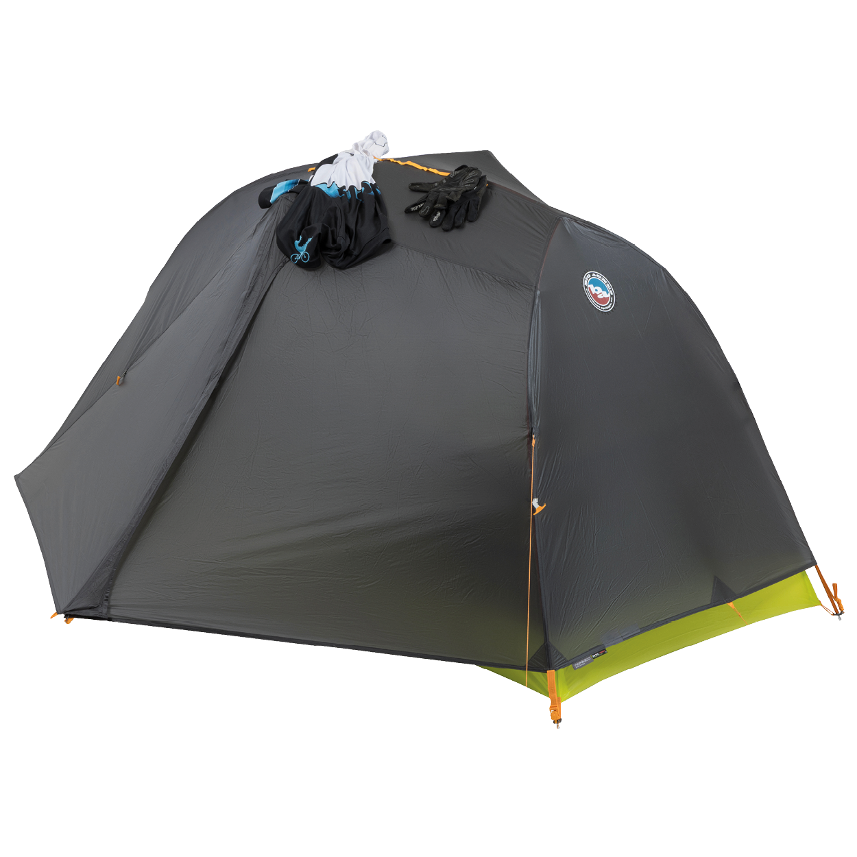Gray Tiger Wall UL1 Bikepack camping tent with green base on a white background