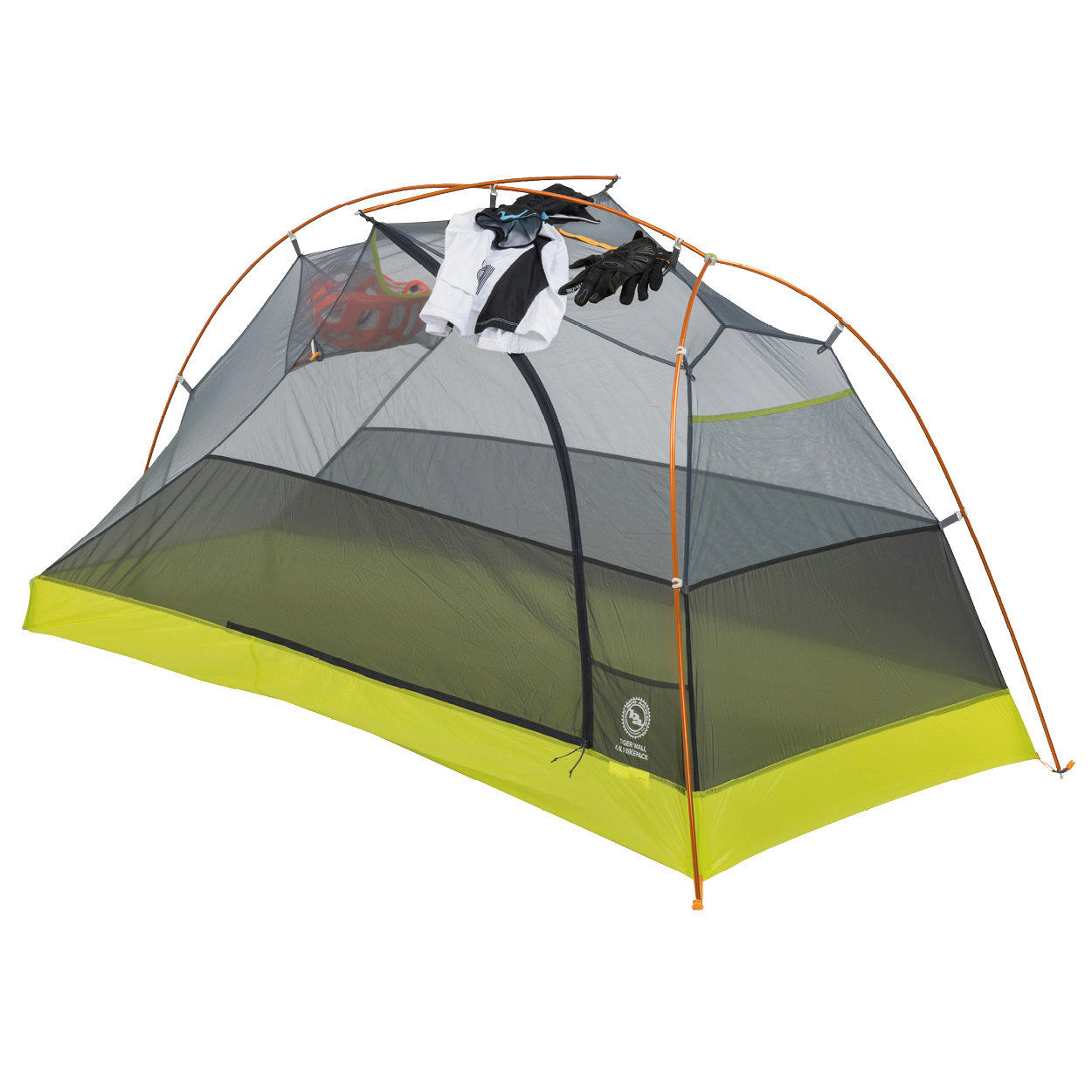 Tiger Wall UL1 Bikepack camping tent with a white shirt, black pants, and red shoes hanging inside on a white background